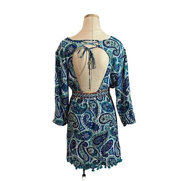 Trina Turk dress Women's XS blue green patterned mini low V neck open back - Picture 7 of 8